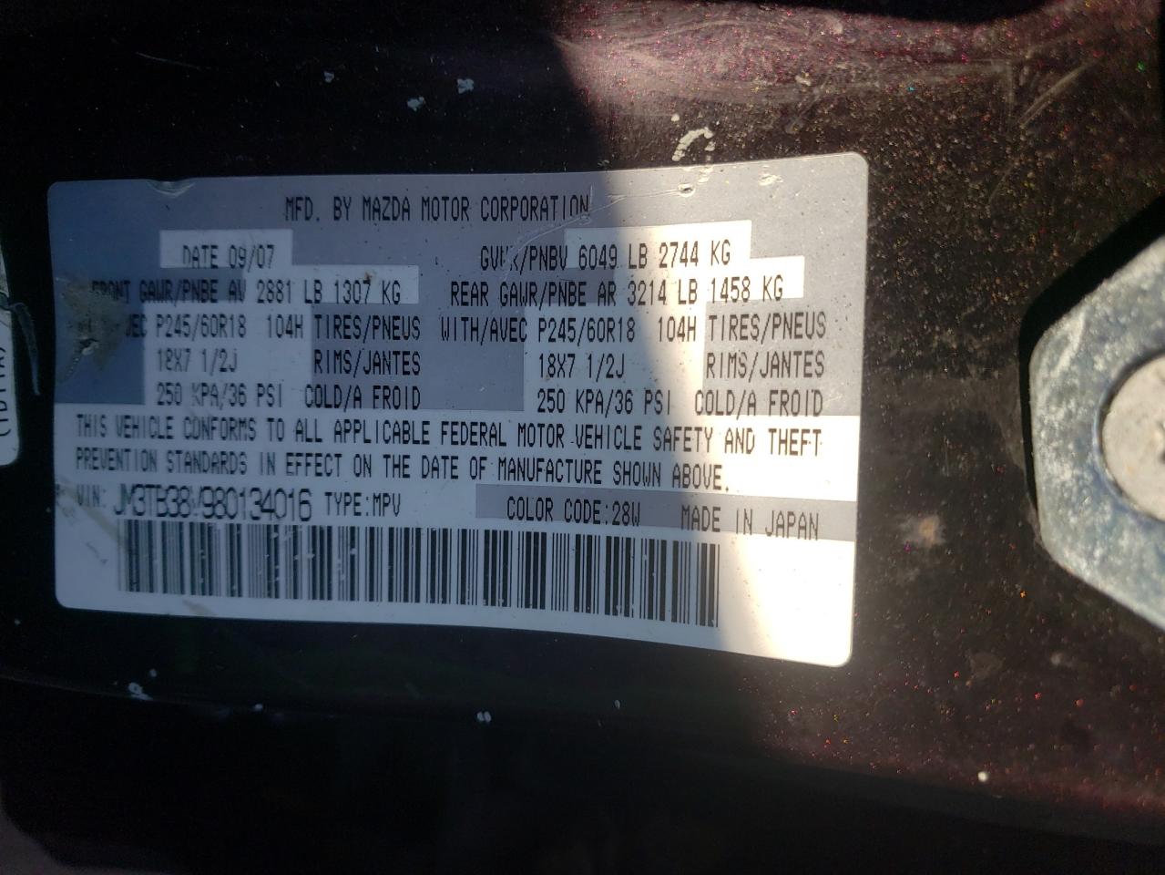 Photo 10 from auction – 2008 MAZDA CX-9 with VIN JM3TB38V980134016