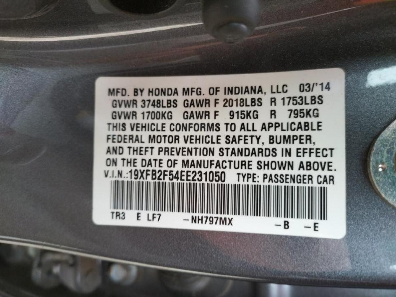 Photo 10 from auction – 2014 HONDA CIVIC LX with VIN 19XFB2F54EE231050
