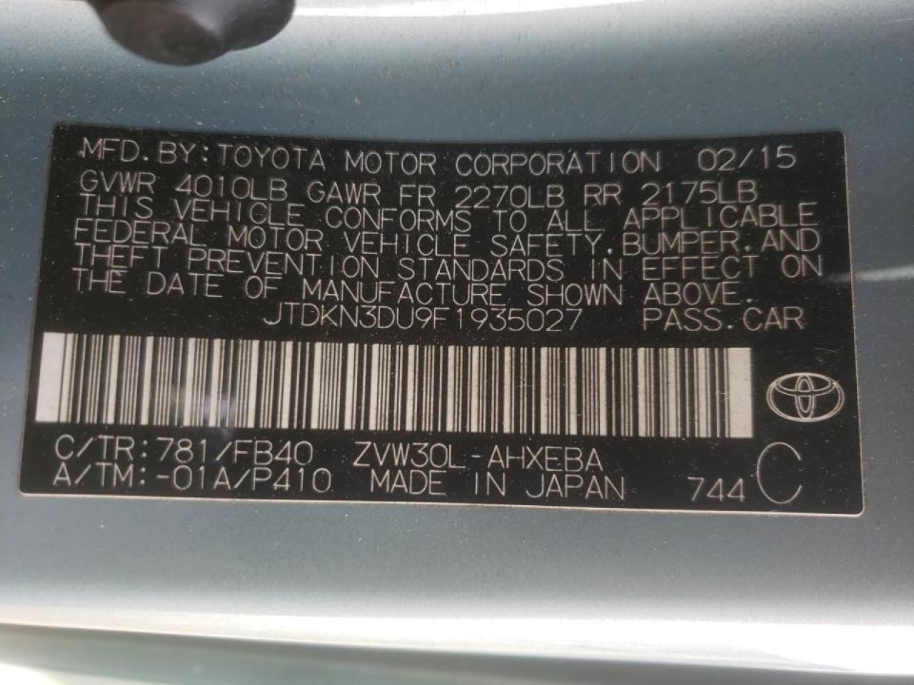 Photo 10 from auction – 2015 TOYOTA PRIUS with VIN JTDKN3DU9F1935027