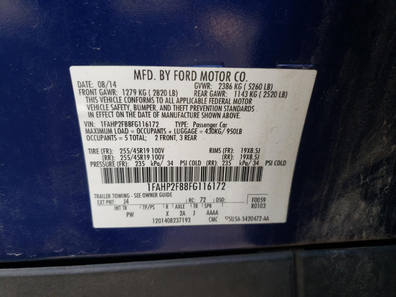 Photo 10 from auction – 2015 FORD TAURUS LIM with VIN 1FAHP2F88FG116172