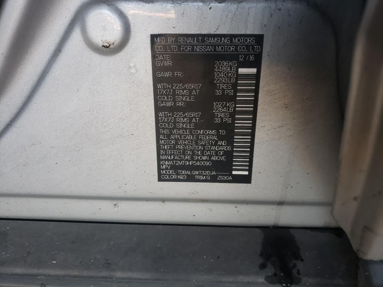 Photo 10 from auction – 2017 NISSAN ROGUE S with VIN KNMAT2MT9HP540090