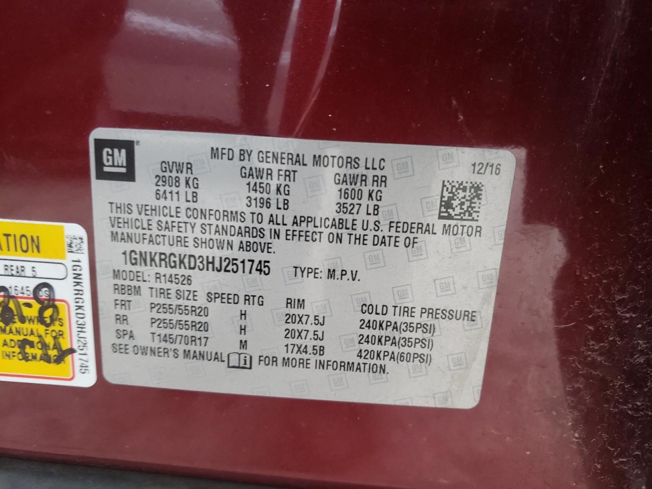 Photo 10 from auction – 2017 CHEVROLET TRAVERSE L with VIN 1GNKRGKD3HJ251745