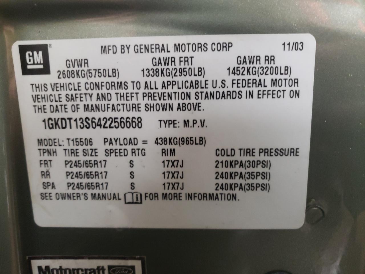 Photo 10 from auction – 2004 GMC ENVOY with VIN 1GKDT13S642256668
