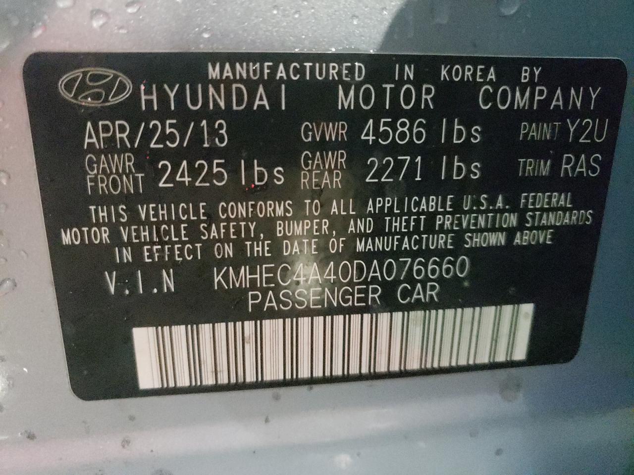 Photo 10 from auction – 2013 HYUNDAI SONATA HYB with VIN KMHEC4A40DA076660