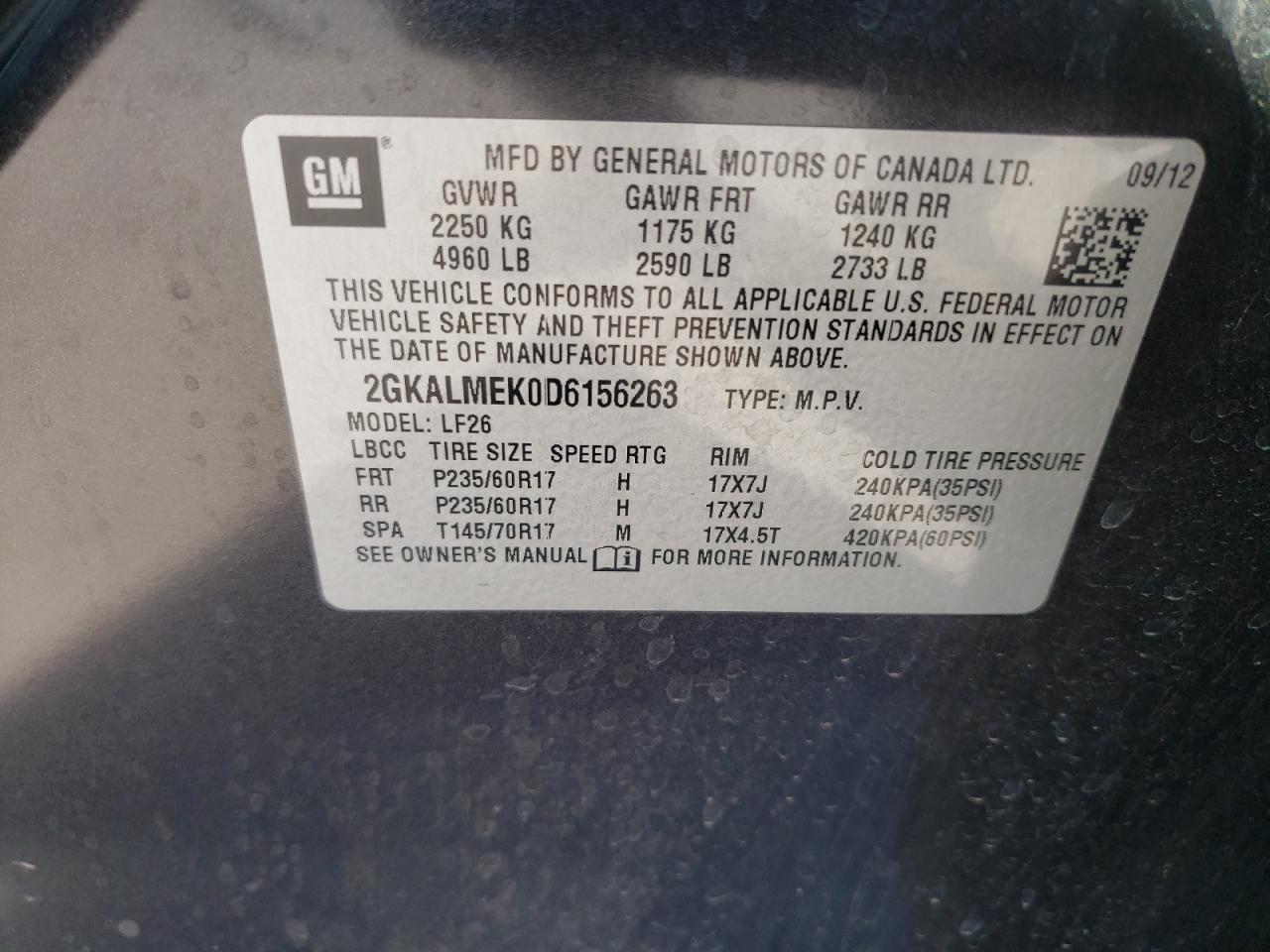 Photo 10 from auction – 2013 GMC TERRAIN SL with VIN 2GKALMEK0D6156263