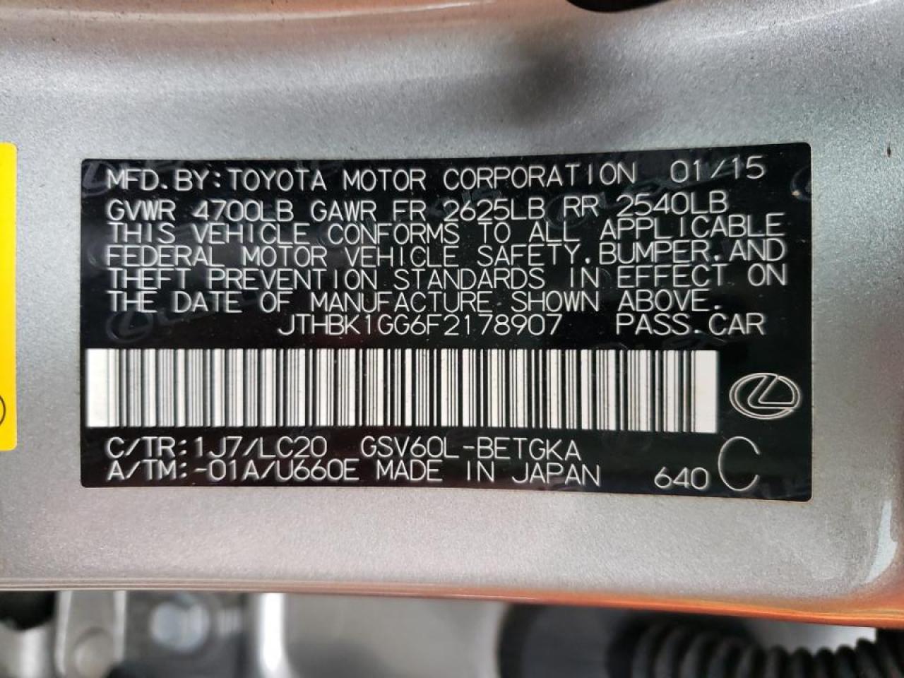 Photo 10 from auction – 2015 LEXUS ES 350 with VIN JTHBK1GG6F2178907