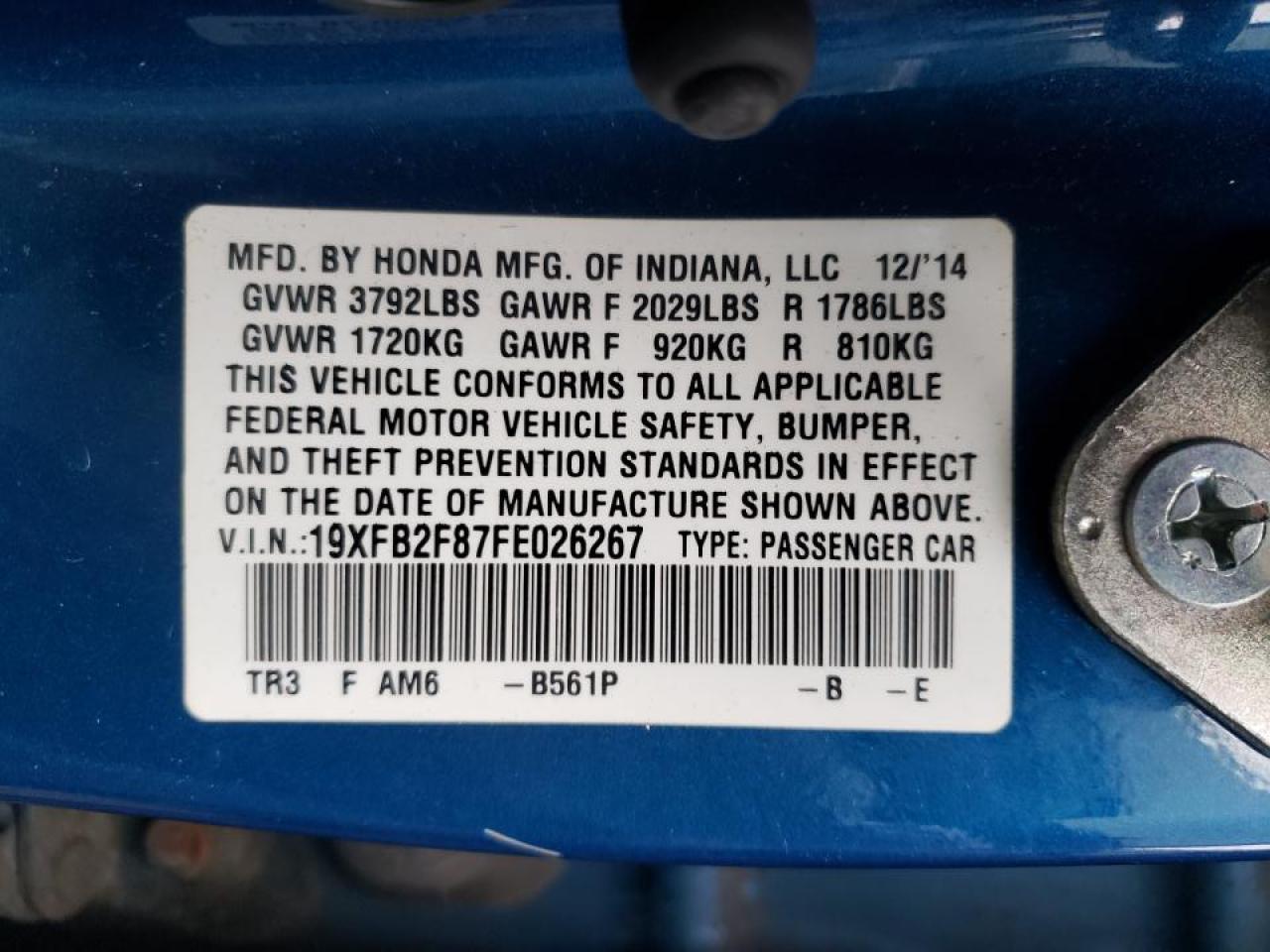 Photo 10 from auction – 2015 HONDA CIVIC EX with VIN 19XFB2F87FE026267