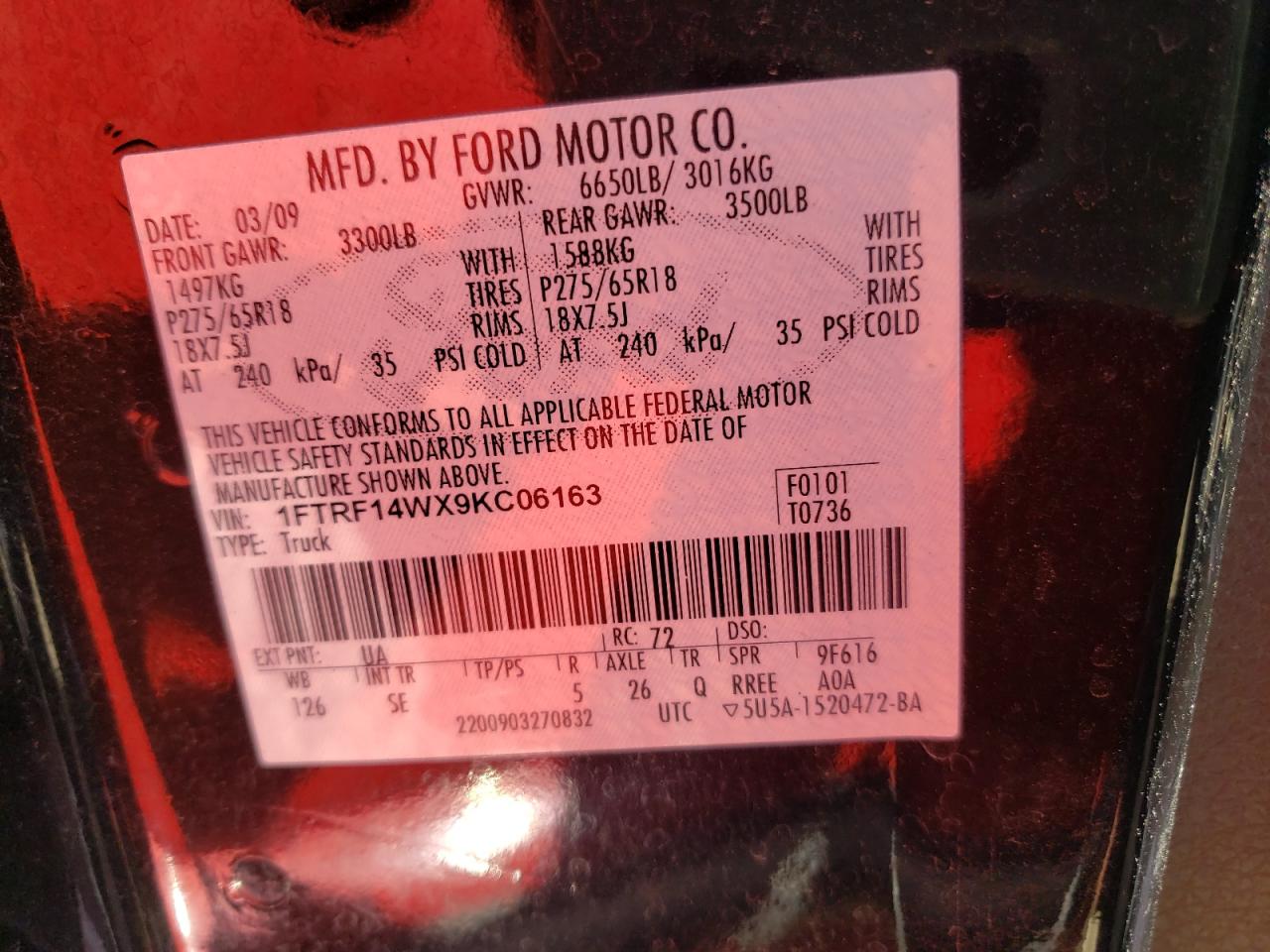 Photo 10 from auction – 2009 FORD F150 with VIN 1FTRF14WX9KC06163