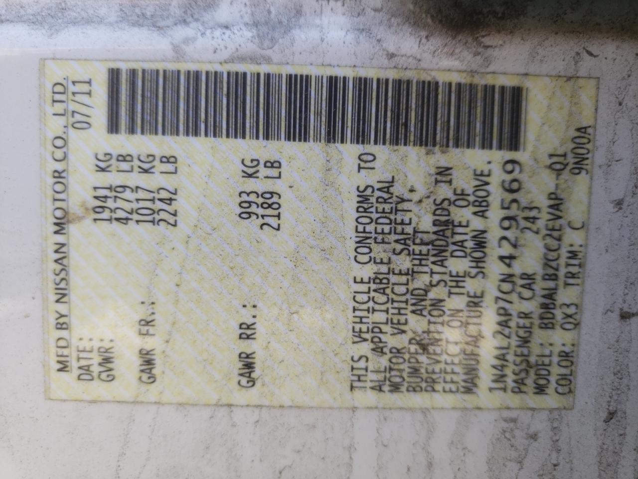 Photo 10 from auction – 2012 NISSAN ALTIMA with VIN 1N4AL2AP7CN429569