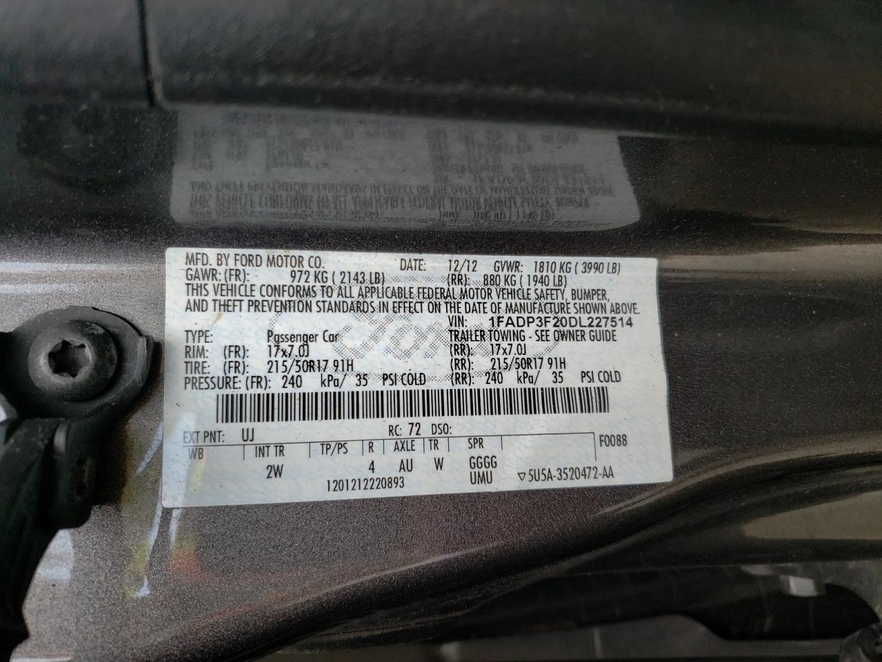 Photo 10 from auction – 2013 FORD FOCUS SE with VIN 1FADP3F20DL227514