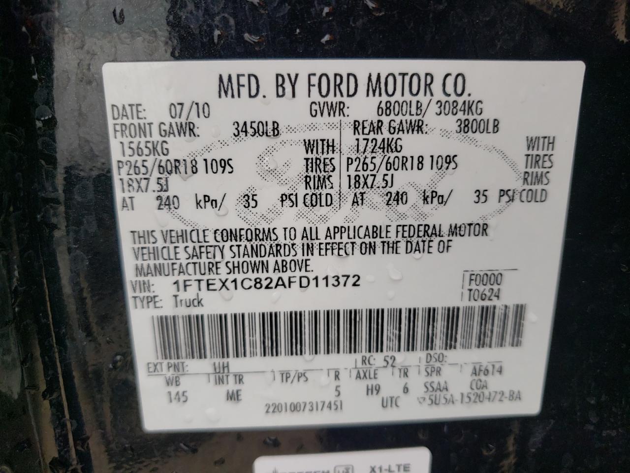 Photo 10 from auction – 2010 FORD F150 SUPER with VIN 1FTEX1C82AFD11372