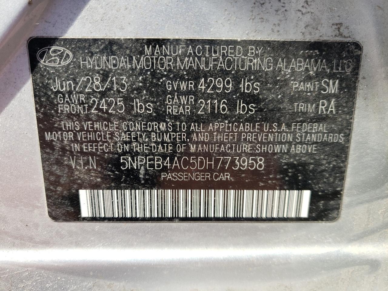 Photo 10 from auction – 2013 HYUNDAI SONATA GLS with VIN 5NPEB4AC5DH773958
