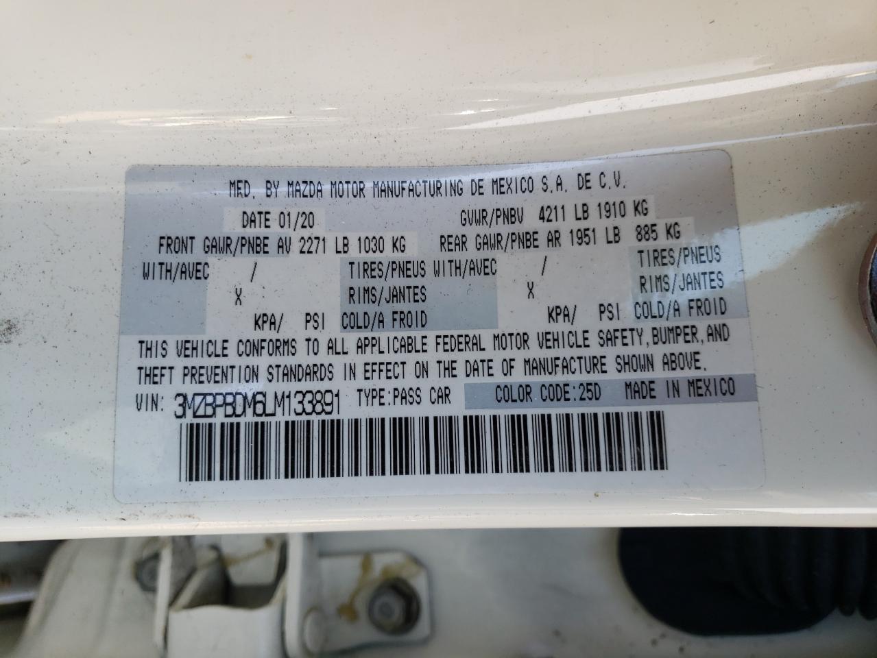 Photo 10 from auction – 2020 MAZDA 3 PREFERRE with VIN 3MZBPBDM6LM133891