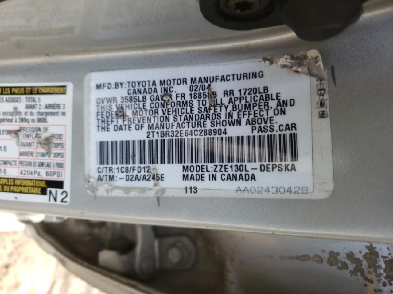 Photo 10 from auction – 2004 TOYOTA COROLLA CE with VIN 2T1BR32E64C288904
