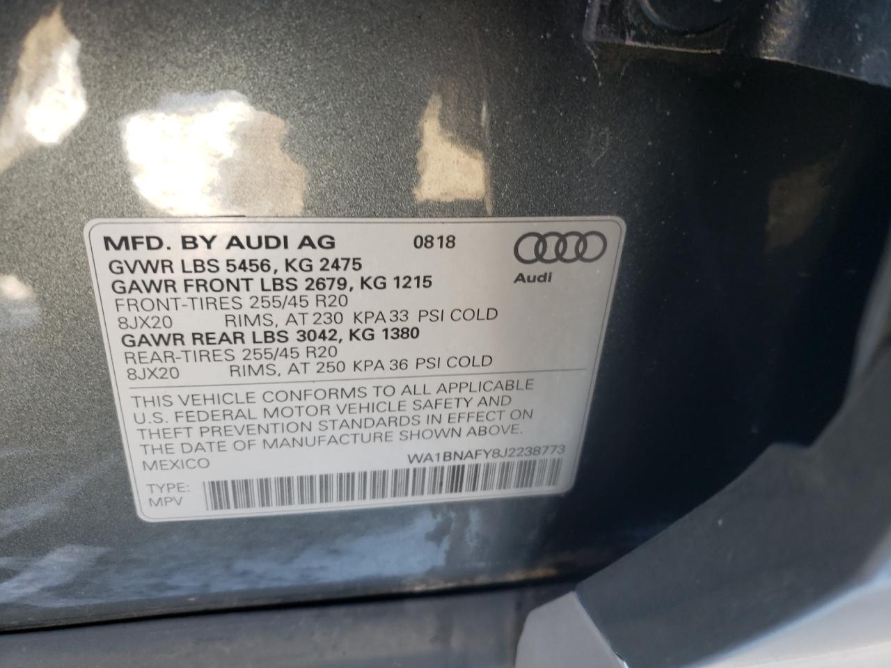 Photo 10 from auction – 2018 AUDI Q5 PREMIUM with VIN WA1BNAFY8J2238773
