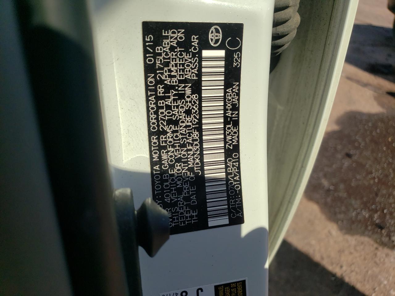 Photo 10 from auction – 2015 TOYOTA PRIUS with VIN JTDKN3DU8F1923628