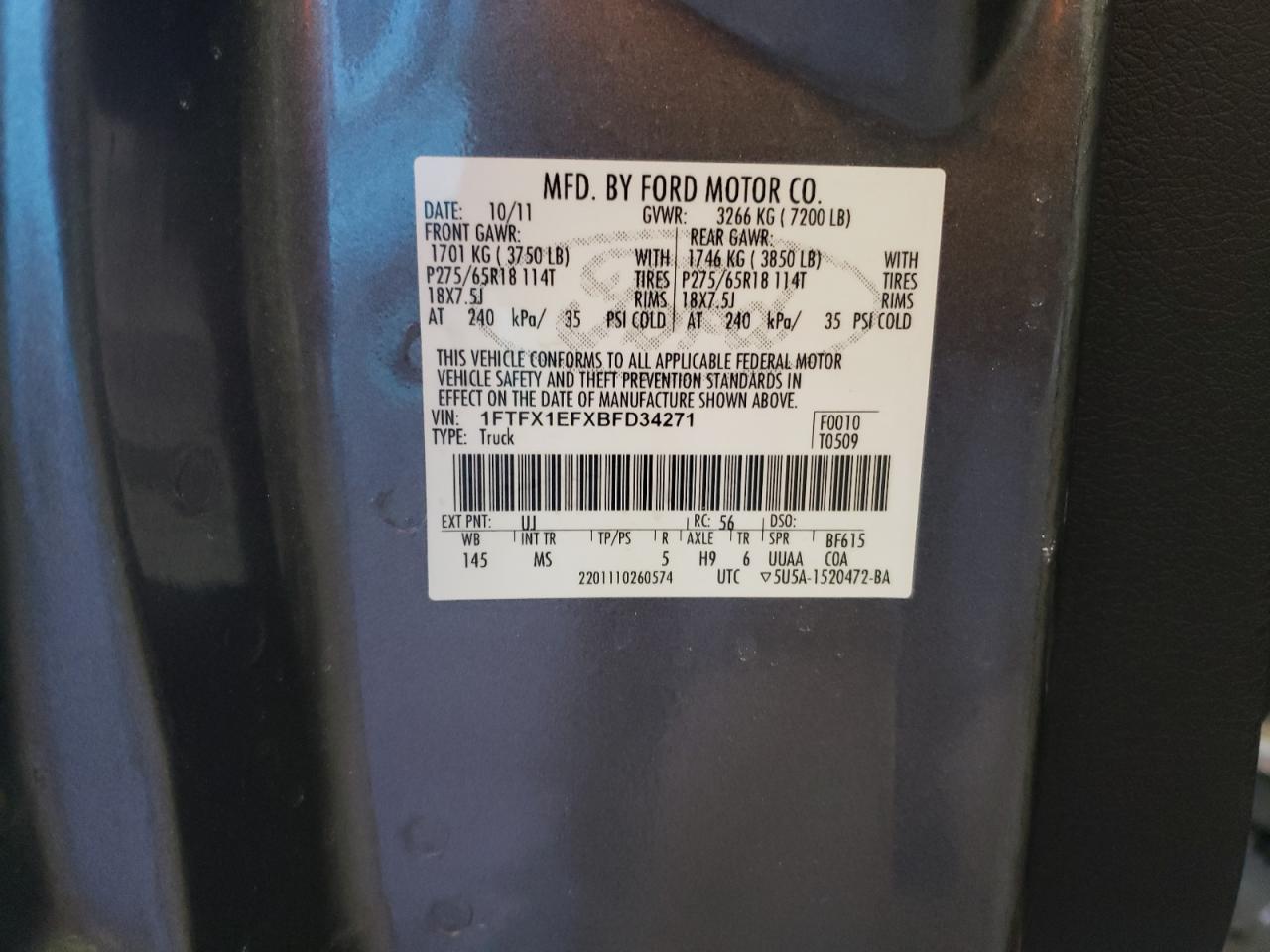 Photo 10 from auction – 2011 FORD F150 SUPER with VIN 1FTFX1EFXBFD34271