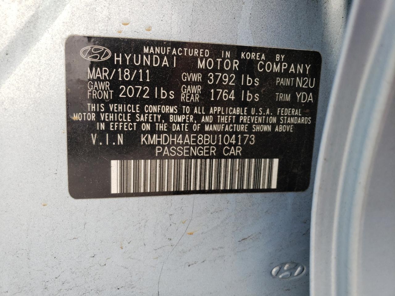 Photo 10 from auction – 2011 HYUNDAI ELANTRA GL with VIN KMHDH4AE8BU104173