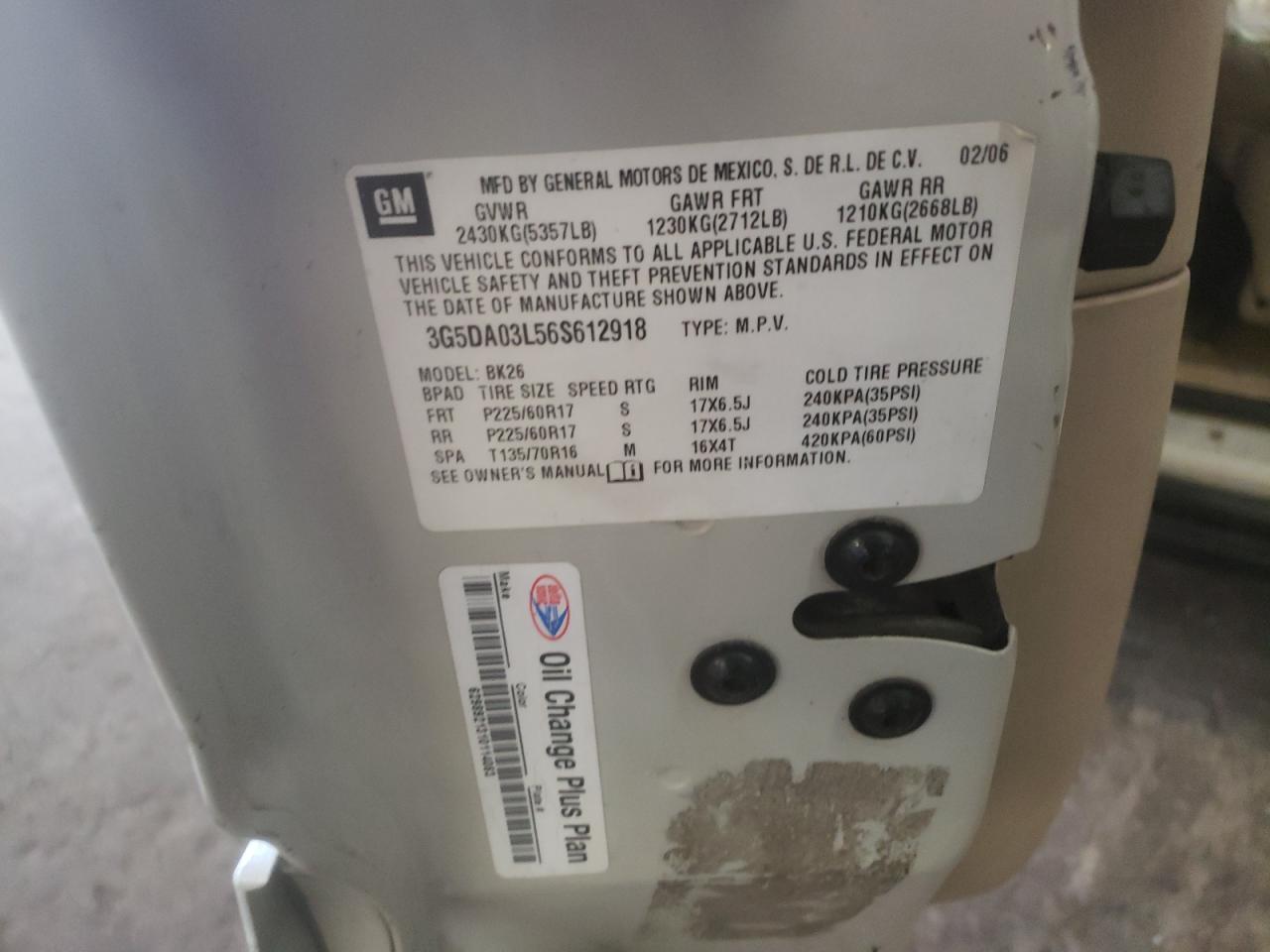 Photo 10 from auction – 2006 BUICK RENDEZVOUS with VIN 3G5DA03L56S612918