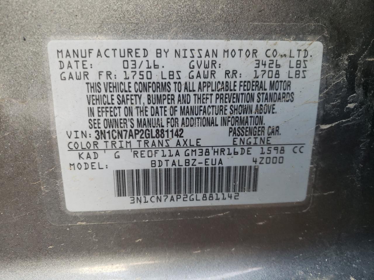 Photo 10 from auction – 2016 NISSAN VERSA S with VIN 3N1CN7AP2GL881142