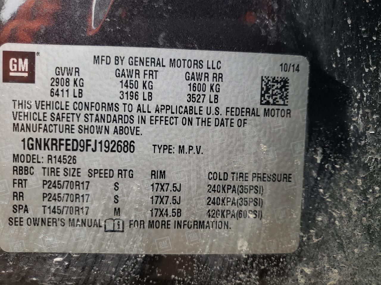 Photo 10 from auction – 2015 CHEVROLET TRAVERSE L with VIN 1GNKRFED9FJ192686