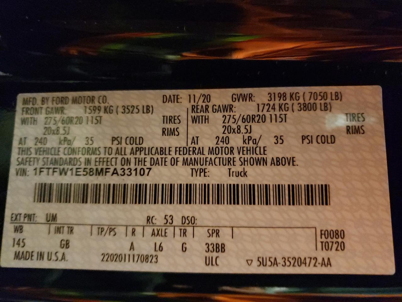 Photo 10 from auction – 2021 FORD F150 SUPER with VIN 1FTFW1E58MFA33107