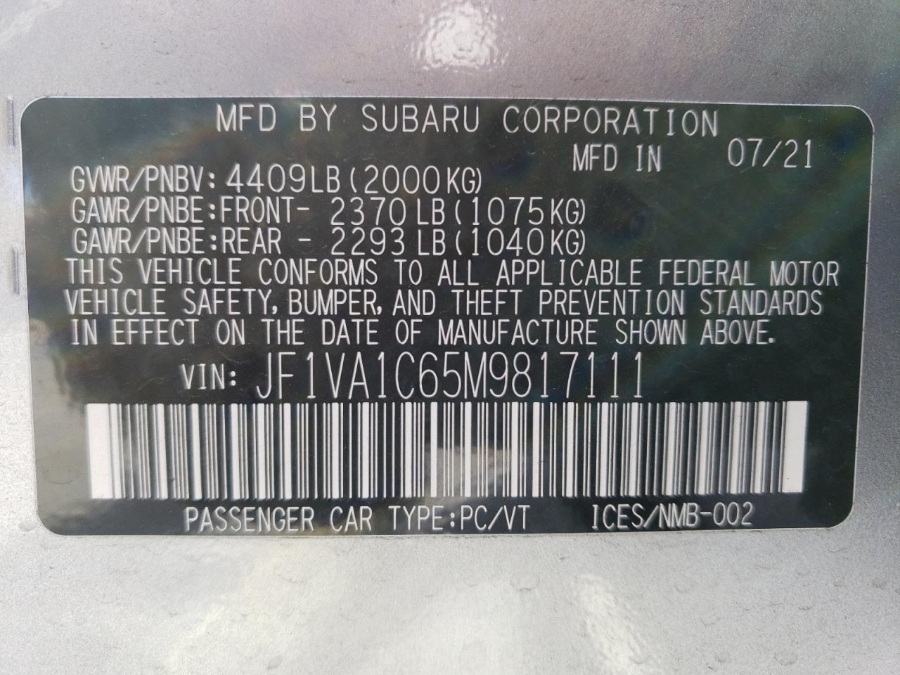Photo 10 from auction – 2021 SUBARU WRX PREMIU with VIN JF1VA1C65M9817111