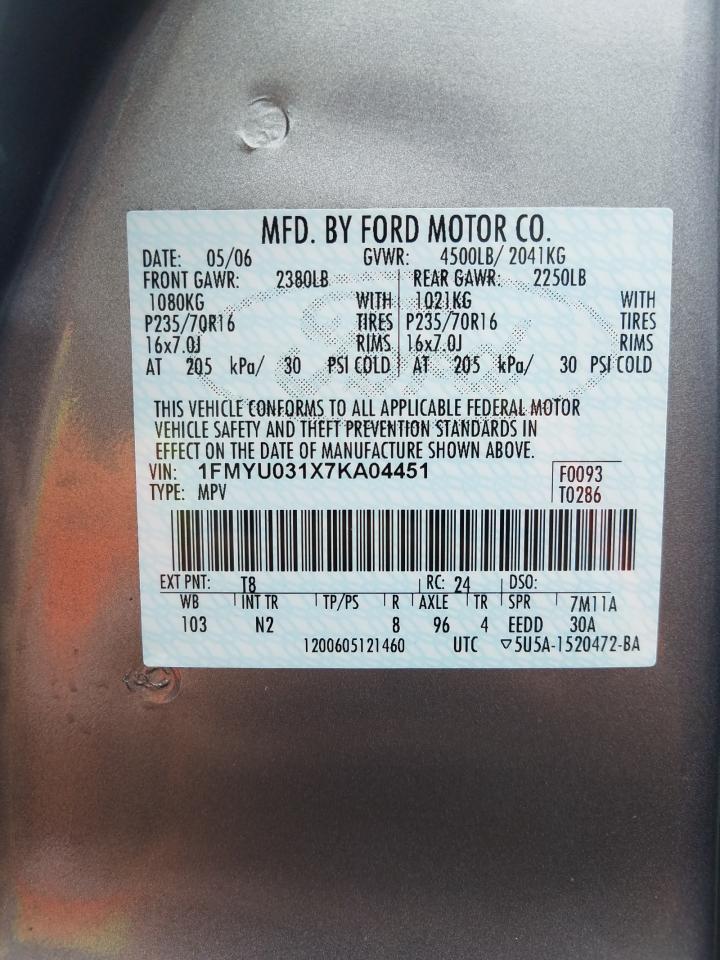 Photo 10 from auction – 2007 FORD ESCAPE XLT with VIN 1FMYU031X7KA04451