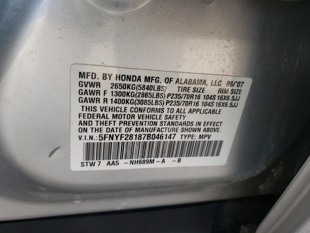 Photo 10 from auction – 2007 HONDA PILOT LX with VIN 5FNYF28187B046147