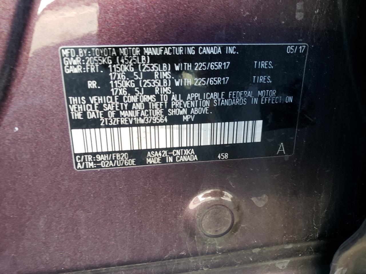 Photo 10 from auction – 2017 TOYOTA RAV4 LE with VIN 2T3ZFREV1HW379564