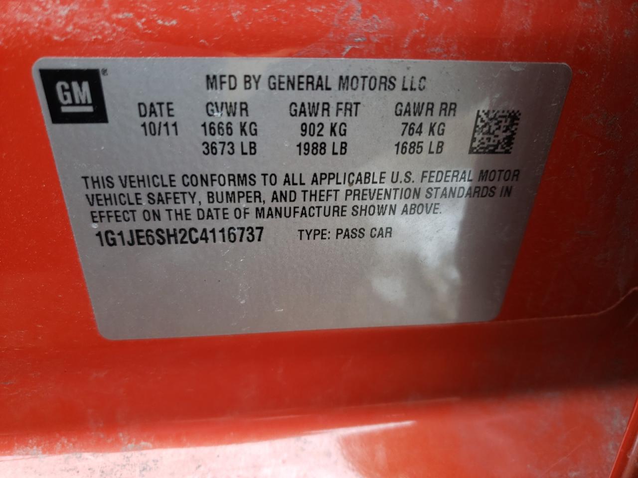 Photo 10 from auction – 2012 CHEVROLET SONIC LTZ with VIN 1G1JE6SH2C4116737