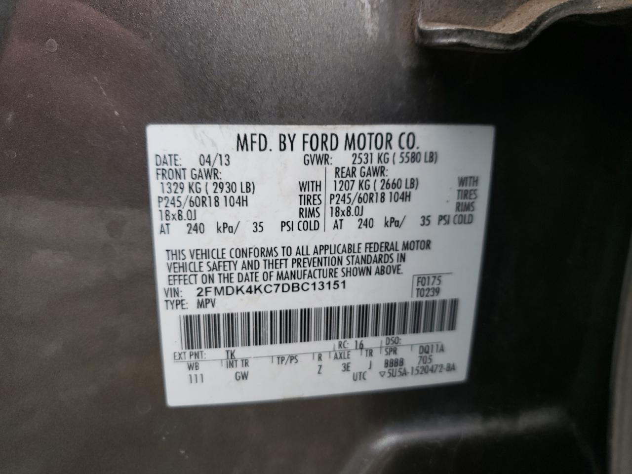 Photo 10 from auction – 2013 FORD EDGE LIMIT with VIN 2FMDK4KC7DBC13151