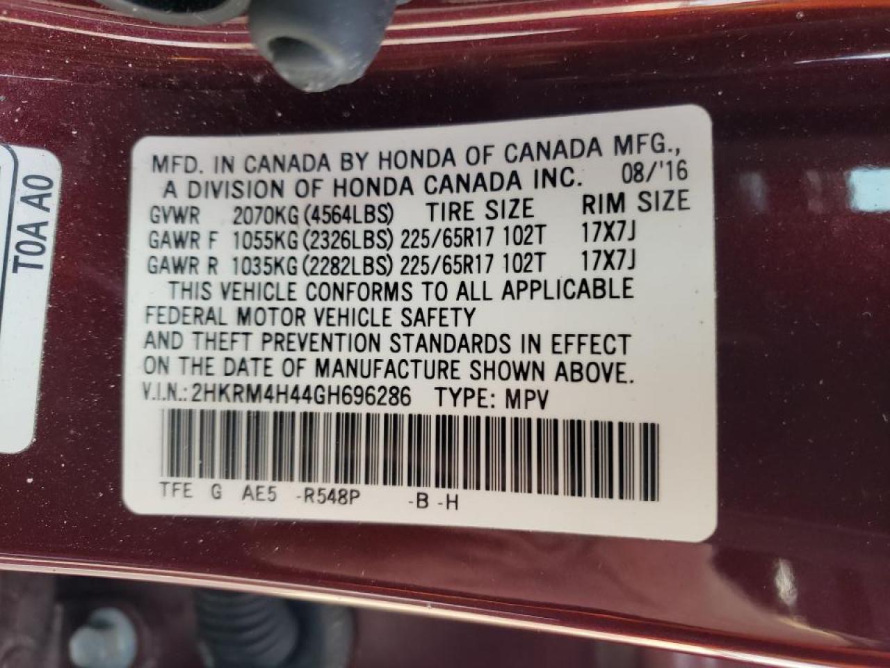 Photo 10 from auction – 2016 HONDA CR-V SE with VIN 2HKRM4H44GH696286