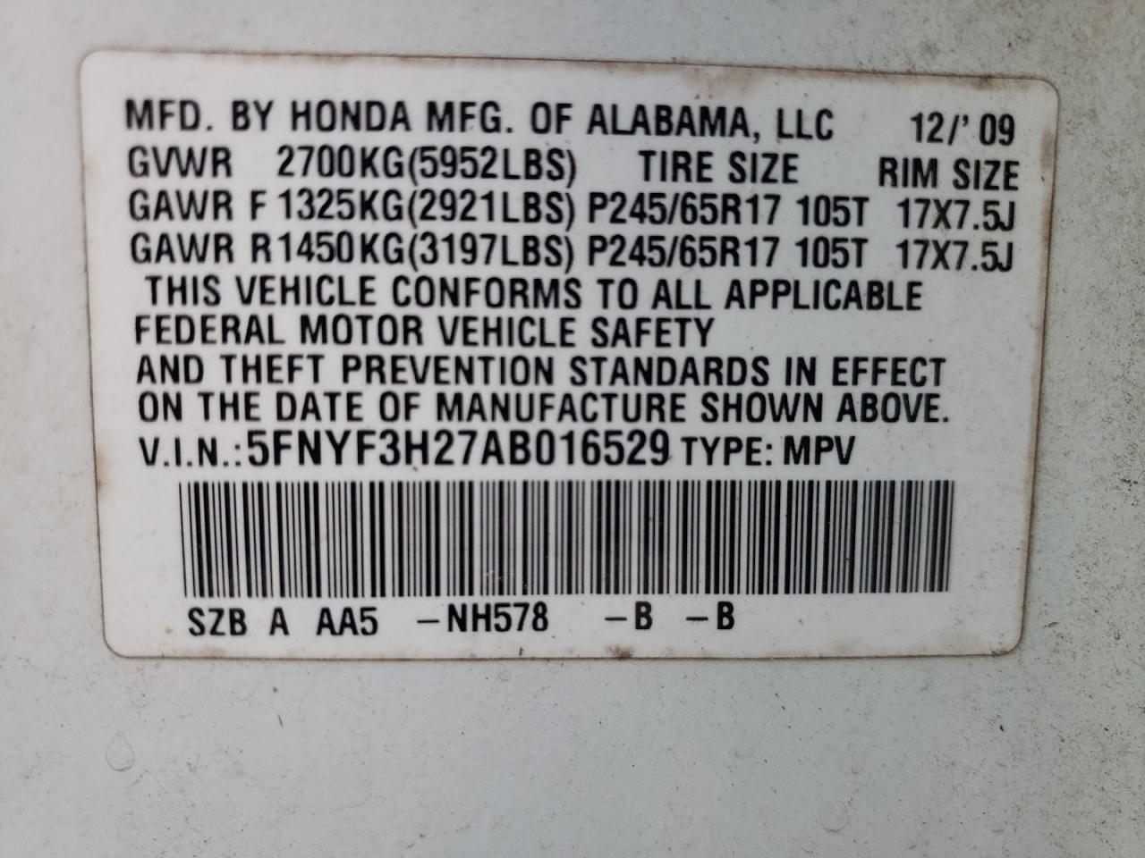 Photo 10 from auction – 2010 HONDA PILOT LX with VIN 5FNYF3H27AB016529