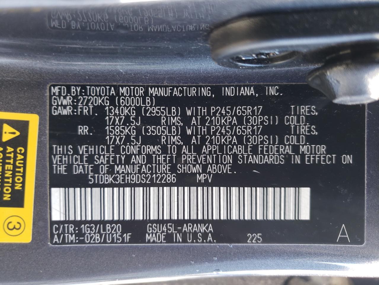 Photo 10 from auction – 2013 TOYOTA HIGHLANDER with VIN 5TDBK3EH9DS212286