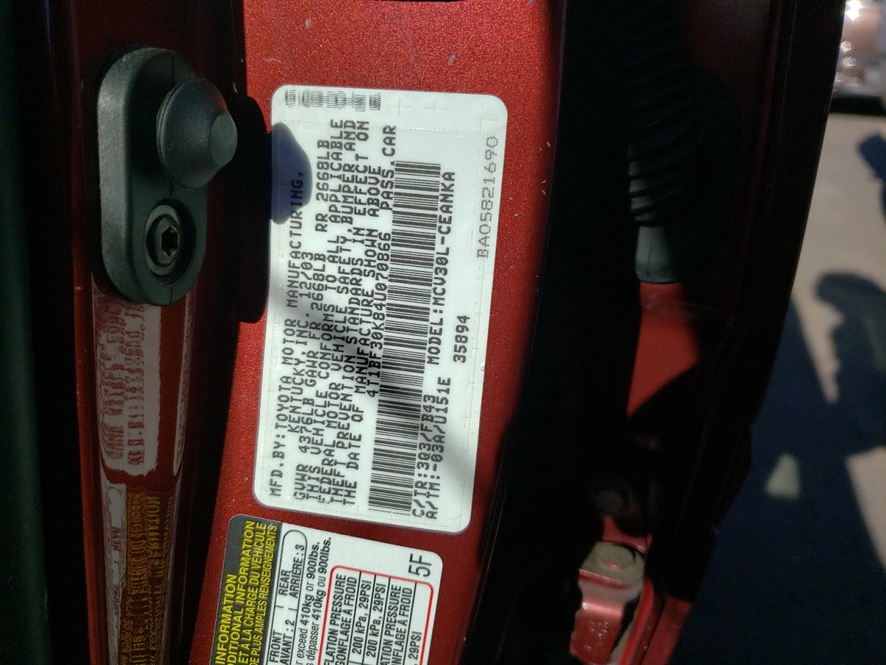 Photo 10 from auction – 2004 TOYOTA CAMRY LE with VIN 4T1BF30K84U070866