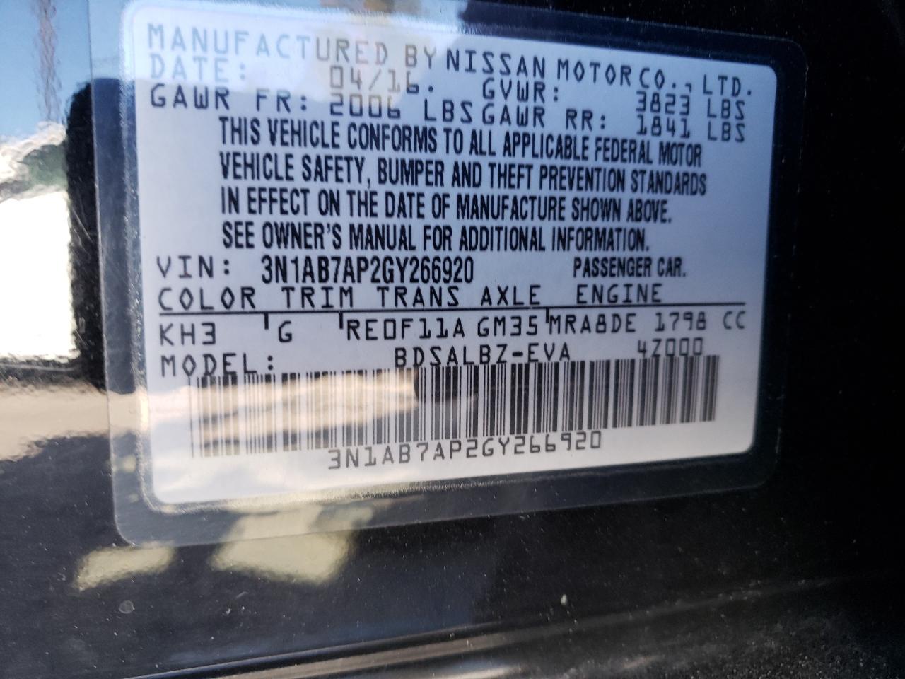Photo 10 from auction – 2016 NISSAN SENTRA S with VIN 3N1AB7AP2GY266920