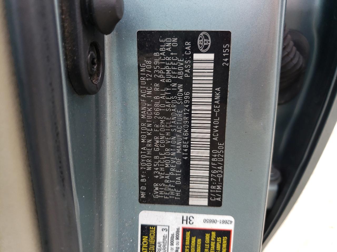 Photo 10 from auction – 2009 TOYOTA CAMRY BASE with VIN 4T4BE46K09R124996