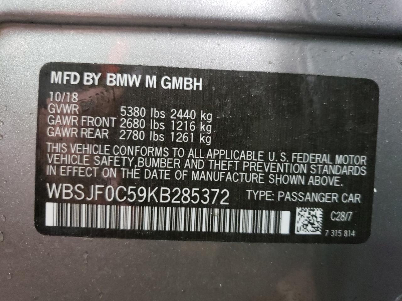 Photo 10 from auction – 2019 BMW M5 with VIN WBSJF0C59KB285372