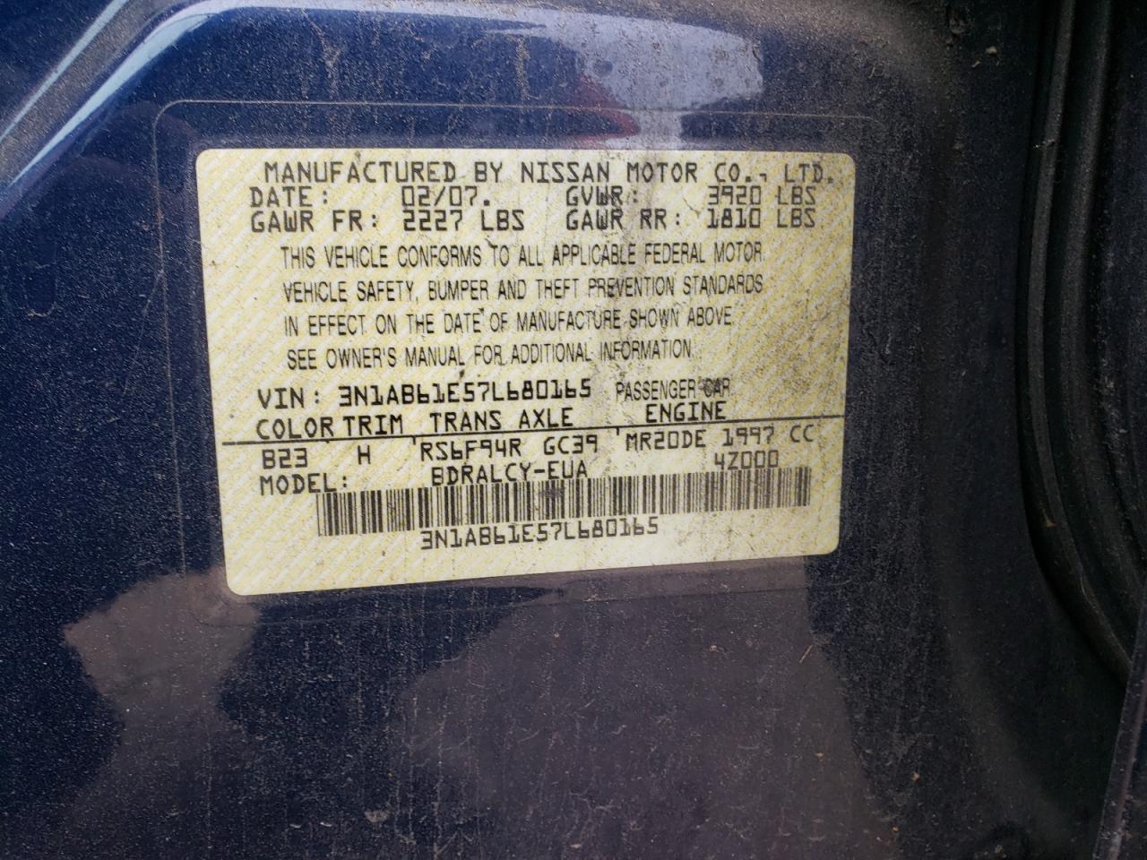 Photo 10 from auction – 2007 NISSAN SENTRA 2.0 with VIN 3N1AB61E57L680165