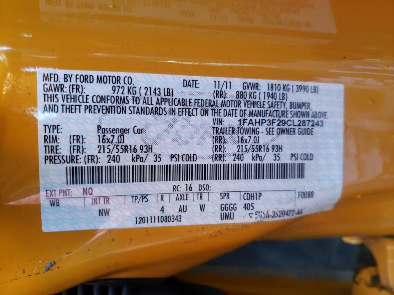 Photo 10 from auction – 2012 FORD FOCUS SE with VIN 1FAHP3F29CL287243