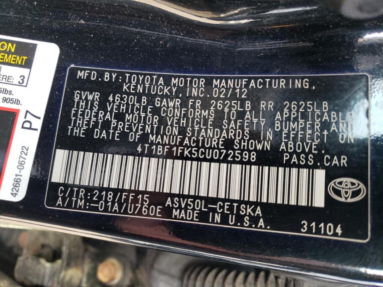 Photo 10 from auction – 2012 TOYOTA CAMRY BASE with VIN 4T1BF1FK5CU072598