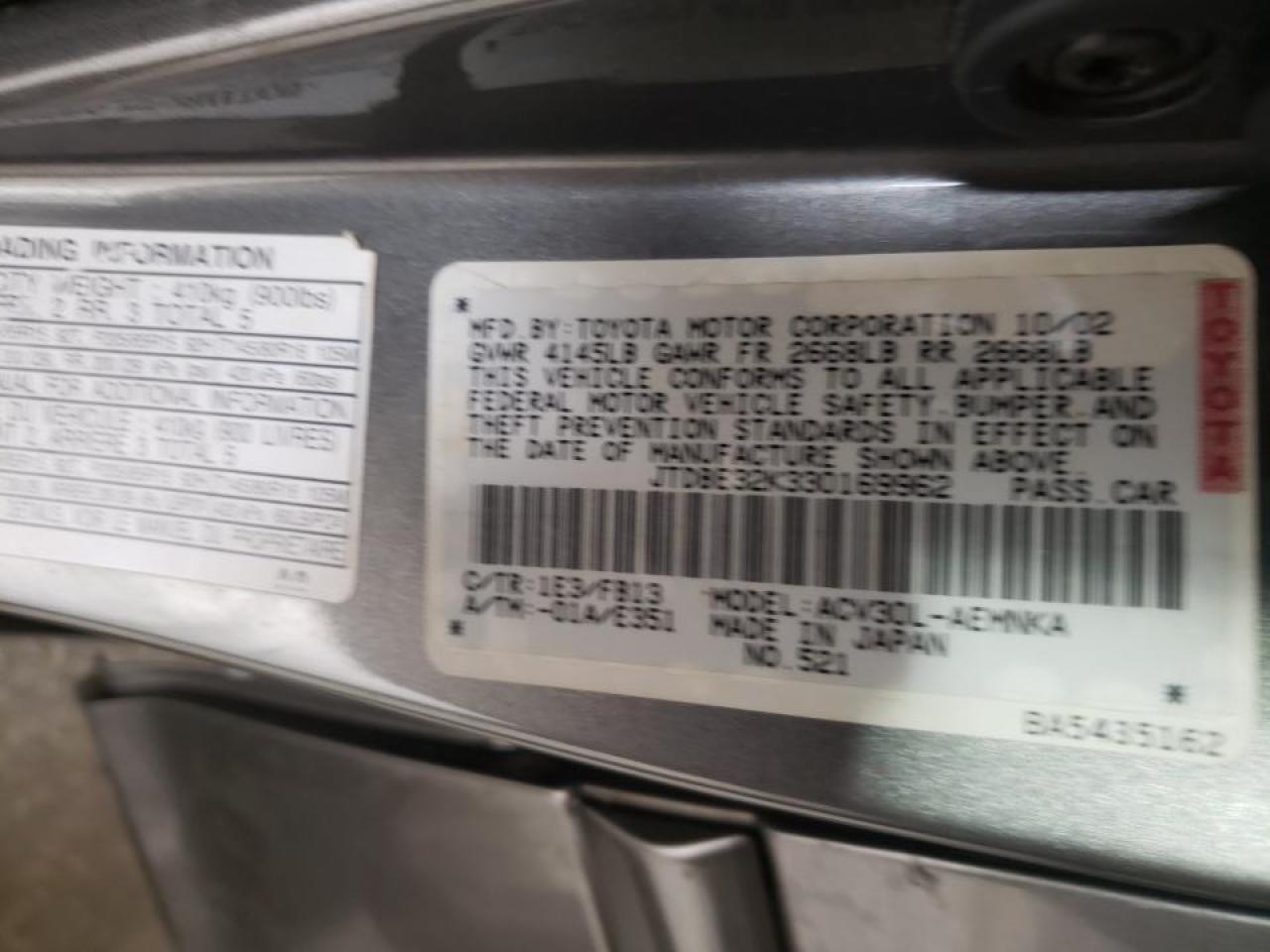Photo 10 from auction – 2003 TOYOTA CAMRY LE with VIN JTDBE32K330169962