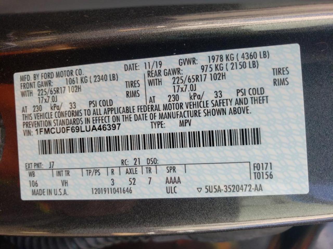 Photo 10 from auction – 2020 FORD ESCAPE S with VIN 1FMCU0F69LUA46397