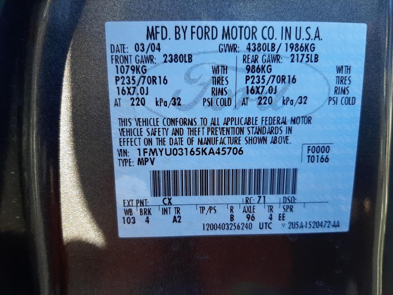 Photo 10 from auction – 2005 FORD ESCAPE XLT with VIN 1FMYU03165KA45706