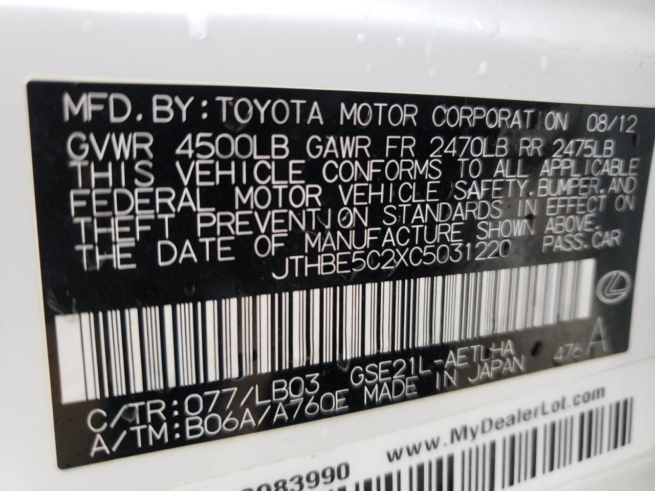 Photo 10 from auction – 2012 LEXUS IS 350 with VIN JTHBE5C2XC5031220