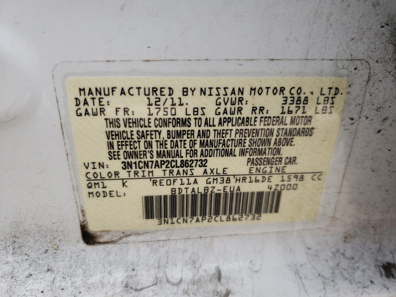 Photo 10 from auction – 2012 NISSAN VERSA S with VIN 3N1CN7AP2CL862732