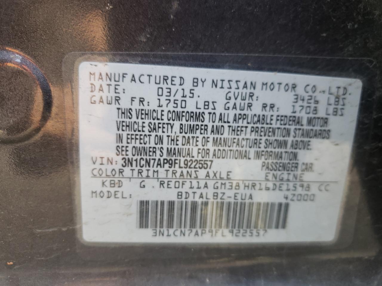 Photo 10 from auction – 2015 NISSAN VERSA S with VIN 3N1CN7AP9FL922557
