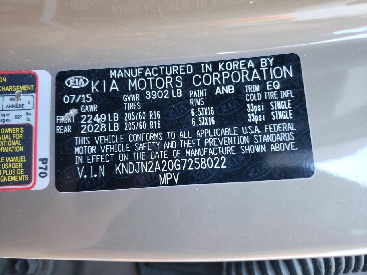 Photo 10 from auction – 2016 KIA SOUL with VIN KNDJN2A20G7258022