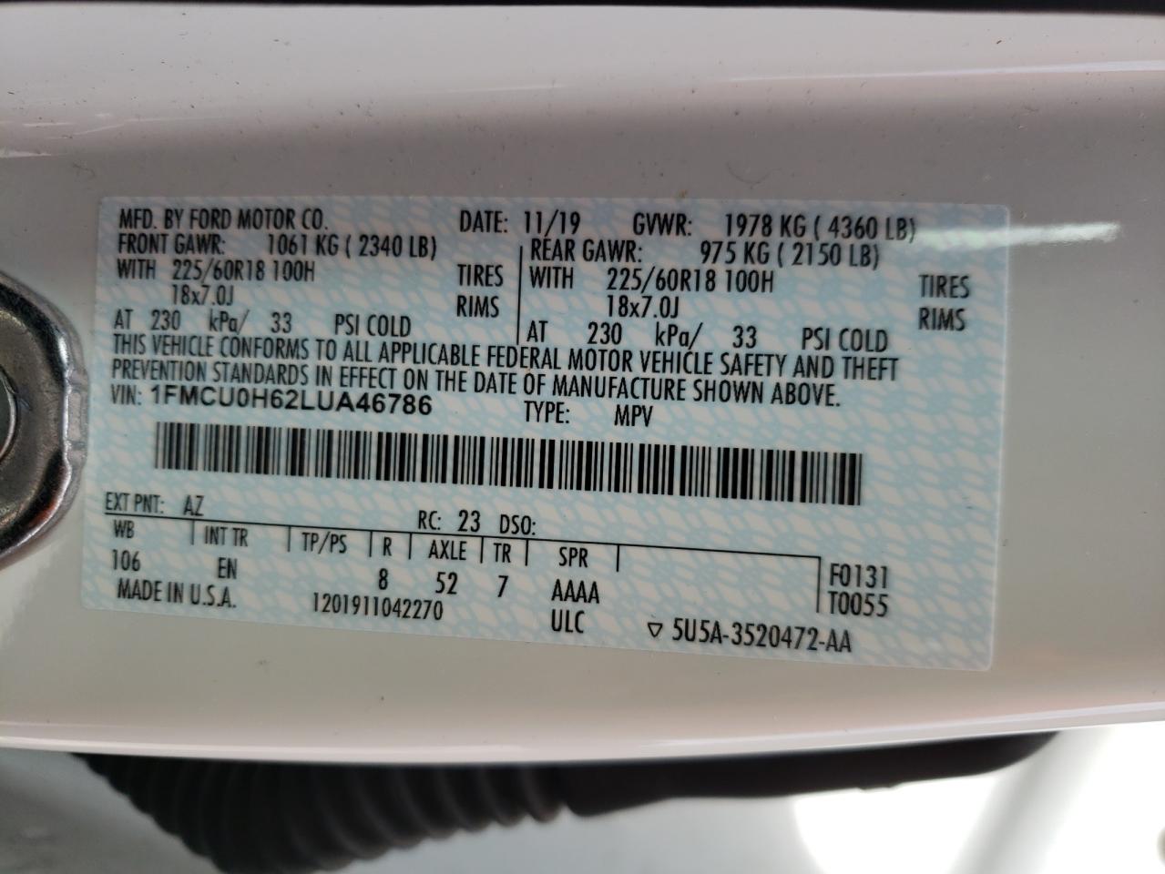 Photo 10 from auction – 2020 FORD ESCAPE SEL with VIN 1FMCU0H62LUA46786